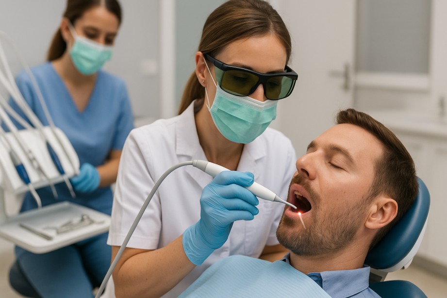 Dentist using laser tool on patient in clinic